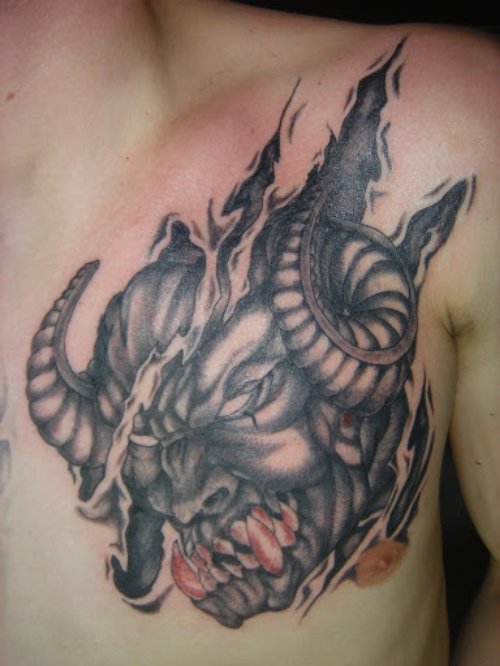 Demon skull Grey Ink Chest Tattoo For Men