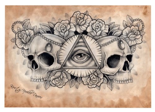 Grey Ink Skulls and Flowers With eye Chest Tattoo Design