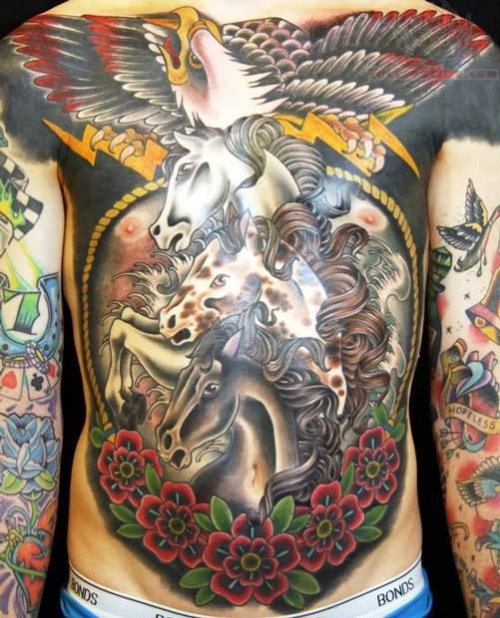 Eagle And Horse Tattoos On Chest