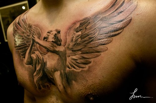 Awesome Grey Ink Angel Chest Tattoo