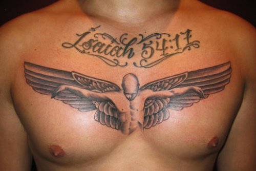 Male angel And Lettering Memorial Chest Tattoo