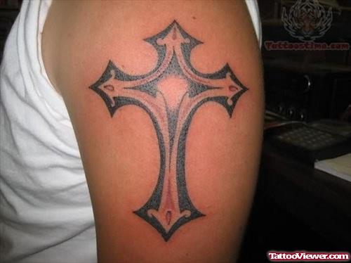 Tempting Cross Tattoo On Shoulder