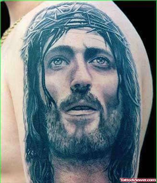 Jesus Face Tattoo On Shoulder