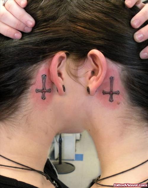 Inverted Cross Tattoo On Back Ear