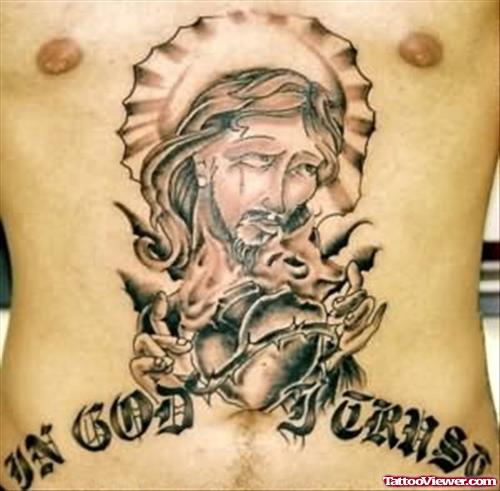 Jesus Tattoo On Chest & Belly