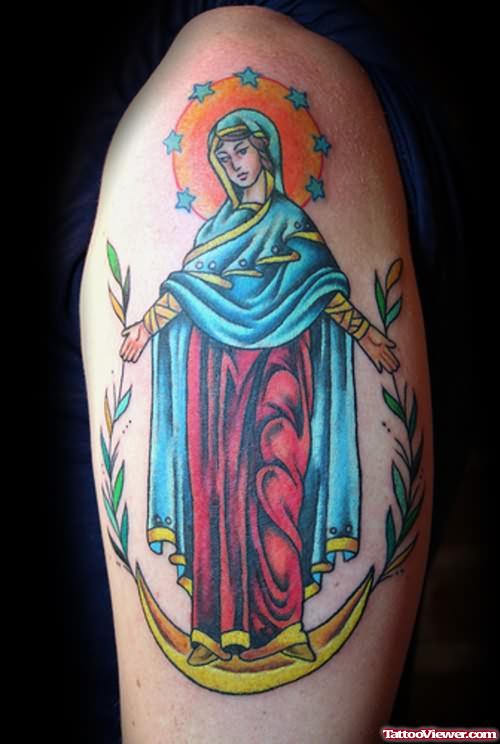 Large Christian Tattoo On Bicep