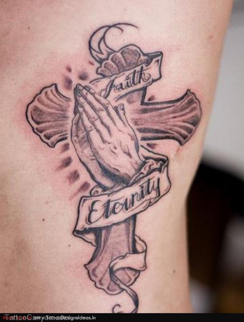 Banner And Praying Hands Christian Tattoo