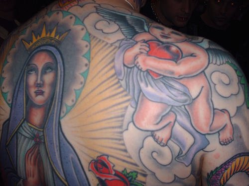 Color Ink Rekigious Christian Tattoo On Back