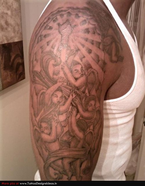 Grey Ink Christian Tattoo On Man Right Half Sleeve