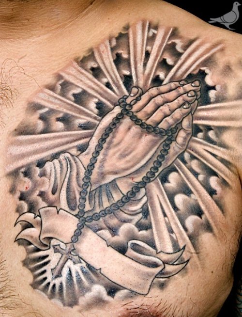 Praying Hands Rosary Christian Tattoo On Chest