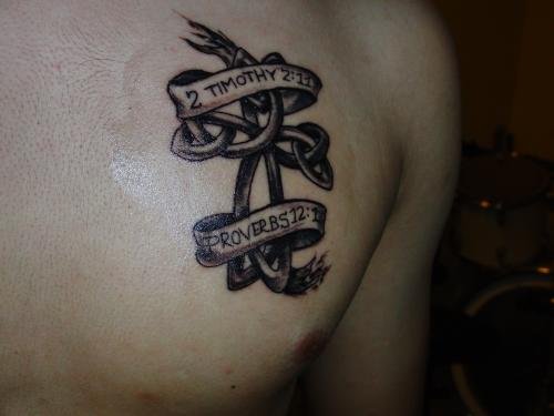 Man Chest Cros With Banner Christian Tattoo