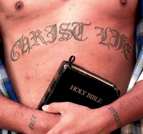 Ambigram Christian Tattoo On Man Stomach