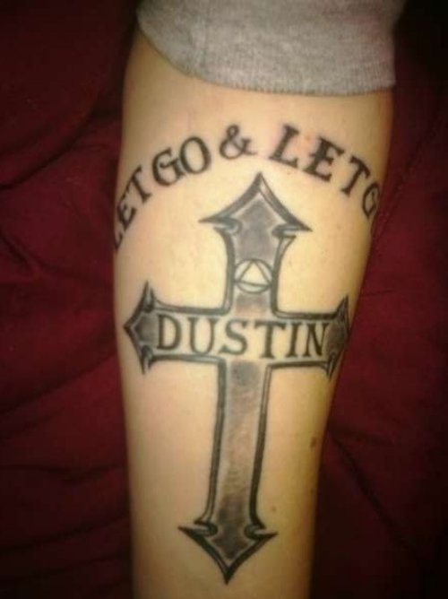 Grey Ink Cross Christian Tattoo On Sleeve