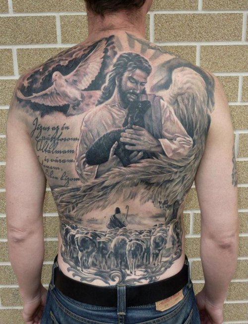 Grey Ink Jesus Christian Tattoo On Man Back Body