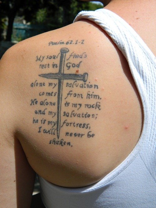 Left Back Shoulder Grey Ink cross And Christian Tattoo
