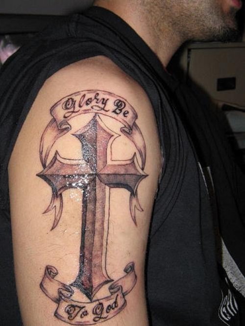 Banners And Cross Christian Tattoo On Right Half Sleeve