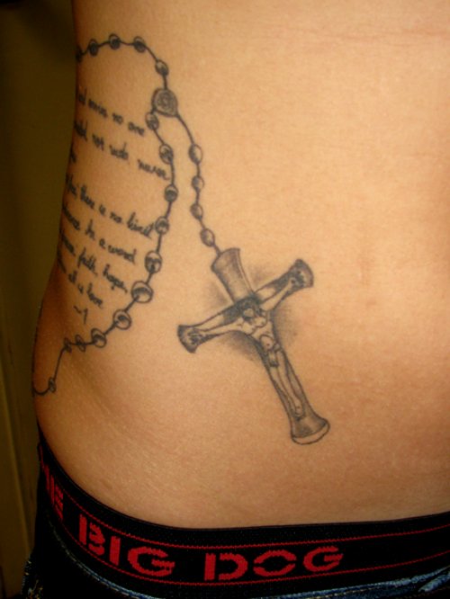 Rosary Cross Christianity Tattoo On Hip