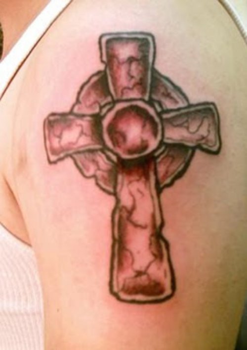 Grey Cross Christianity Tattoo On Left Shoulder
