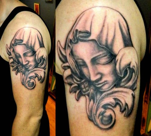 Grey Ink Virgin Mary Christianity Tattoo On Left Shoulder