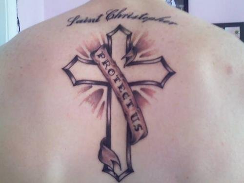 Banner and Cross Christianity Tattoo on Back