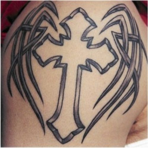 Grey Tribal And Cross Christianity Tattoo On Half Sleeve