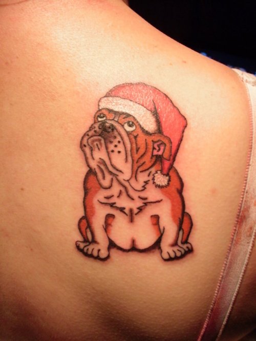 Christmas Santa Dog Tattoo On Right Back Shoulder