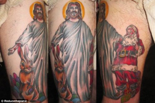 Grey Ink Jesus And Santa Tattoo On Sleeve