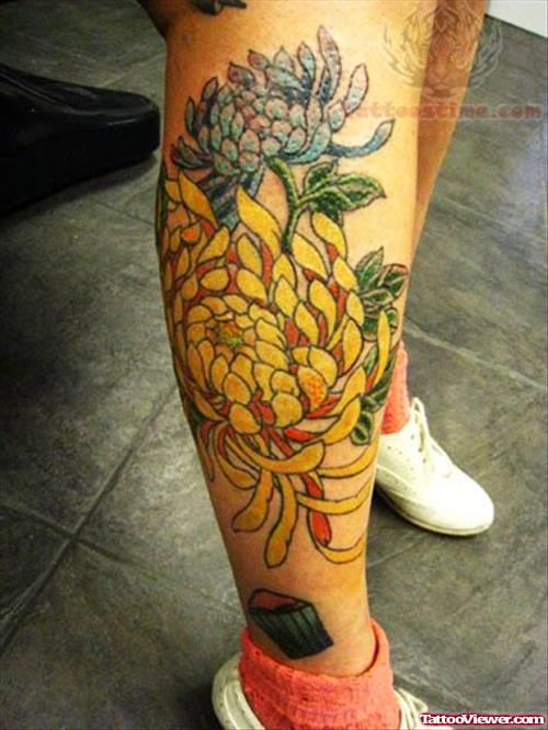Chrysanthemum Flower Tattoo On Leg