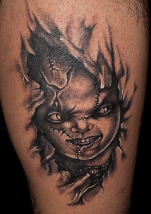 Ripped Skin Chucky Doll Head Tattoo