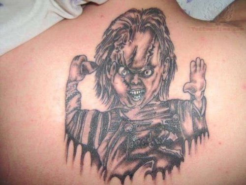Upperback Grey Ink Chucky Tattoo