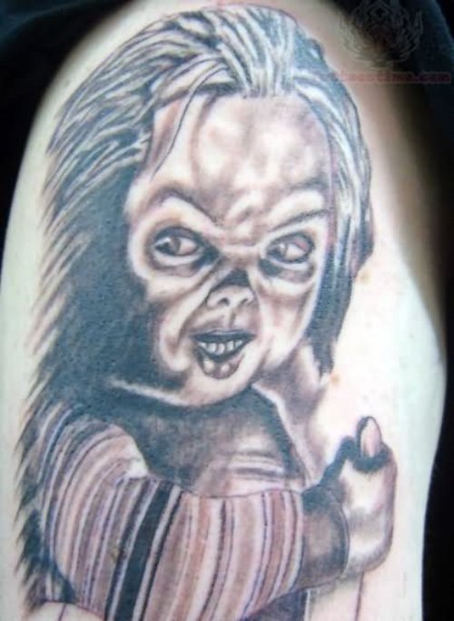 Chucky Tattoo With Grey Ink