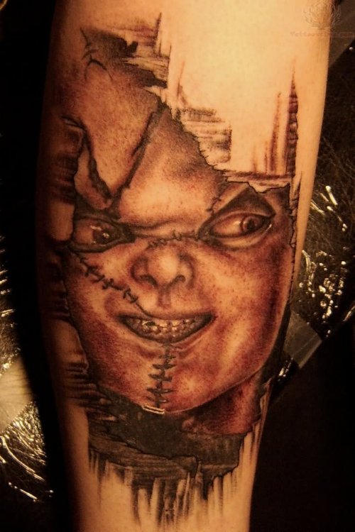 Dark Grey Ink Chucky Tattoo