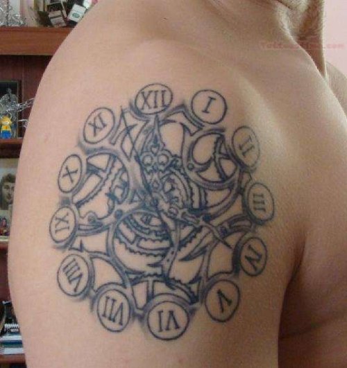 Right Shoulder Grey Ink Clock Tattoo