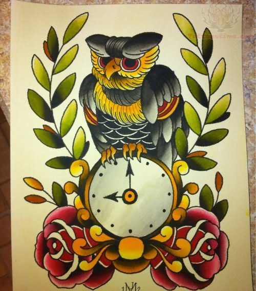 Owl And Clock Color Tattoo Design