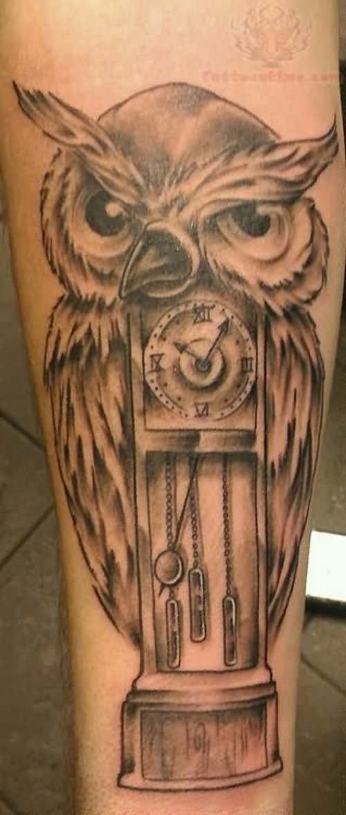 Grey Ink Owl Clock Tattoo