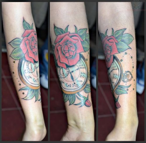 Red Rose And Clock Tattoo On Arm