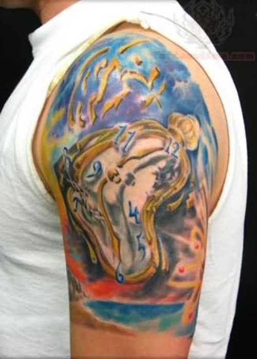 Colorful Clock Tattoo On Left Shoulder For Men