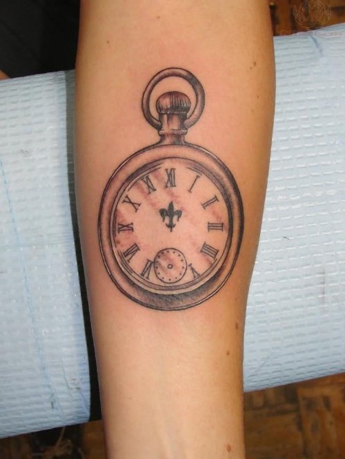 Grey Ink Outline Clock Tattoo On Sleeve