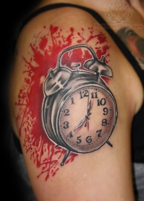 Blood And Alrm Clock Tattoo On Right Shoulder