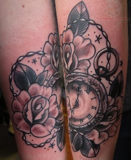Grey Ink Flower And Clock Tattoo