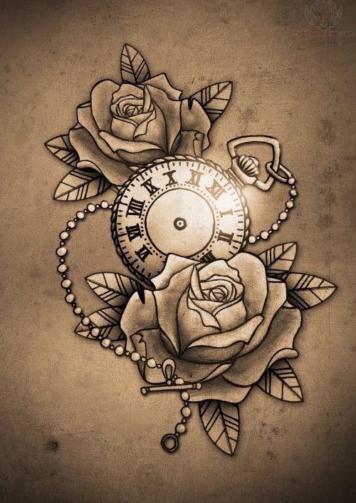 Clock and Roses Tattoo Design