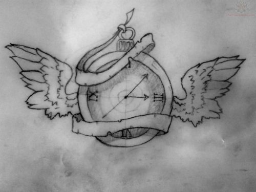 Winged Clock And Banner Tattoo Design