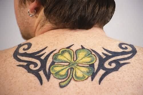 Black Tribal And Clover Tattoo On Upperback
