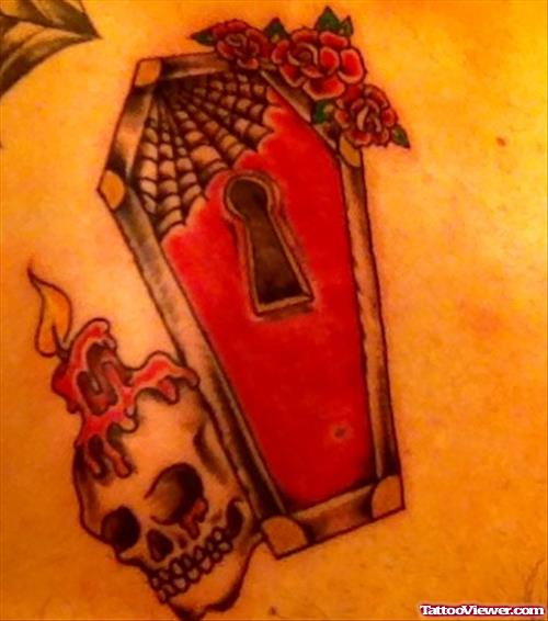 Color Ink Coffin And Candle Head Skull Tattoo by Jerry Thrash