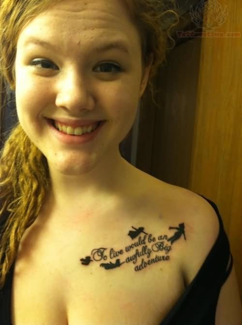 Black Ink Fairy And Lettering Collarbone Tattoo