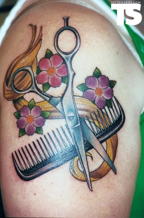 Color Flowers And Scissor With Comb Tattoo On Shoulder