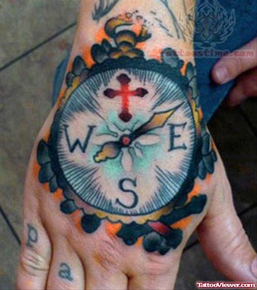 Large Compass Tattoo On Hand