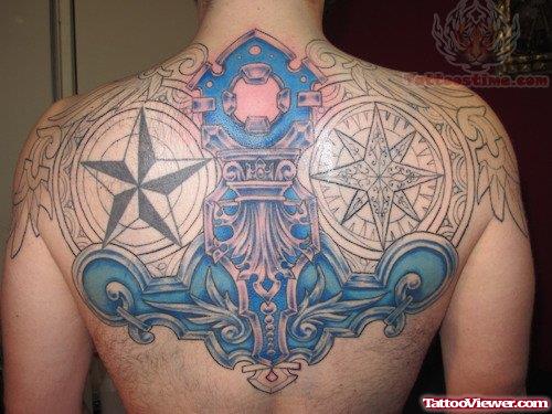 Compass And Large Anchor Tattoo On Back