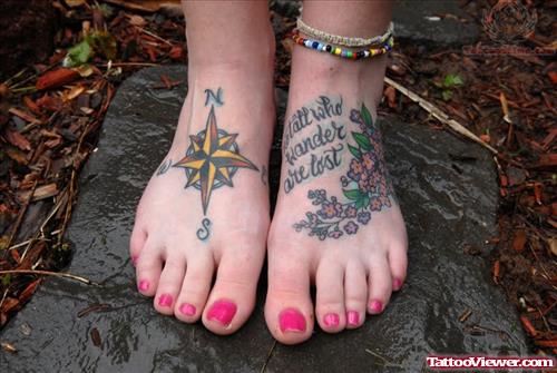 Flower And Compass Tattoo On Feet