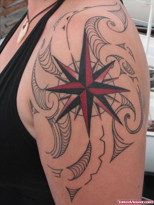 Red Nautical Compass Tattoo On Shoulder